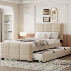 ModernLuxe Lit capitonné 90x190cm - lit gigogne - velours - beige (matelas non inclus)* Lit Gigogne
