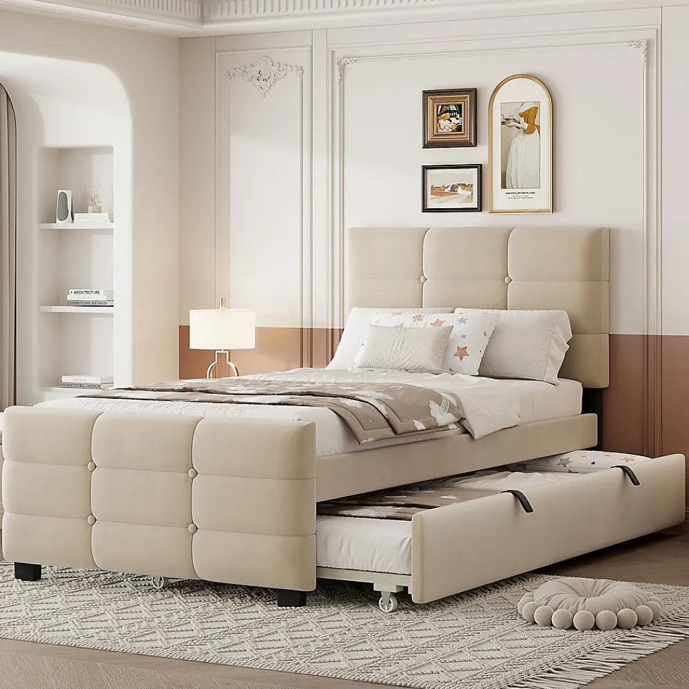 ModernLuxe Lit capitonné 90x190cm - lit gigogne - velours - beige (matelas non inclus)* Lit Gigogne