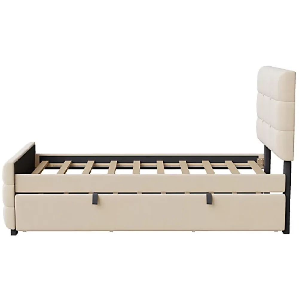 ModernLuxe Lit capitonné 90x190cm - lit gigogne - velours - beige (matelas non inclus)* Lit Gigogne