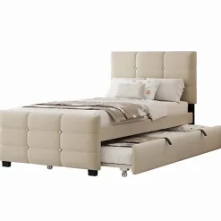 ModernLuxe Lit capitonné 90x190cm - lit gigogne - velours - beige (matelas non inclus)* Lit Gigogne