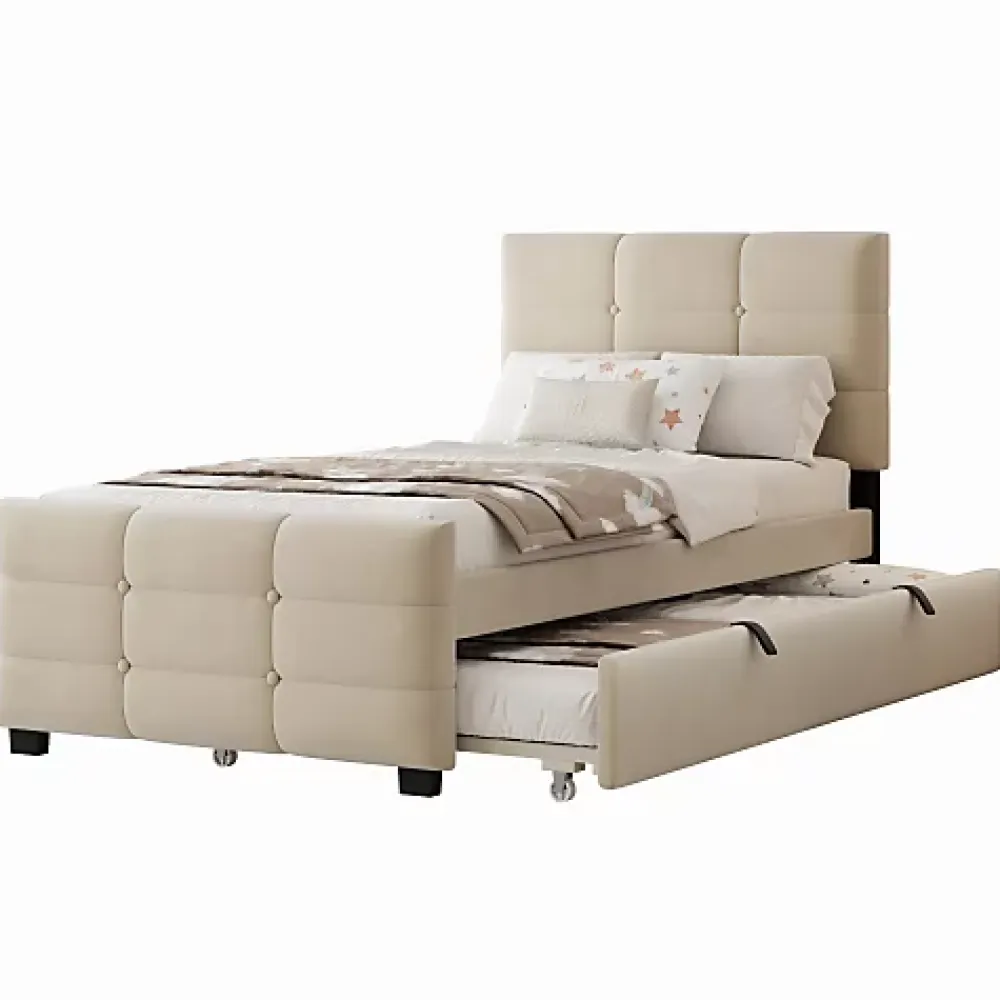 ModernLuxe Lit capitonné 90x190cm - lit gigogne - velours - beige (matelas non inclus)* Lit Gigogne