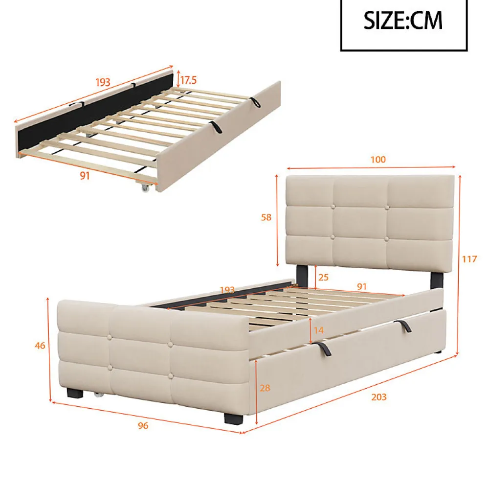 ModernLuxe Lit capitonné 90x190cm - lit gigogne - velours - beige (matelas non inclus)* Lit Gigogne