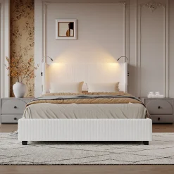Lit capitonné 140x200cm avec une lampe de lecture , Lit Coffre avec Espace de Rangement, Sommier à Lattes, velours côtelé, Beige>ProximaX Discount