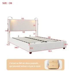 Lit capitonné 140x200cm avec une lampe de lecture , Lit Coffre avec Espace de Rangement, Sommier à Lattes, velours côtelé, Beige><noscript><img width=