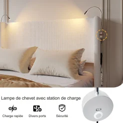 Lit capitonné 140x200cm avec une lampe de lecture , Lit Coffre avec Espace de Rangement, Sommier à Lattes, velours côtelé, Beige><noscript><img width=