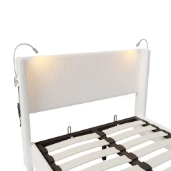 Lit capitonné 140x200cm avec une lampe de lecture , Lit Coffre avec Espace de Rangement, Sommier à Lattes, velours côtelé, Beige><noscript><img width=
