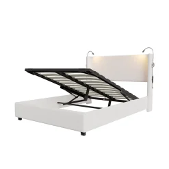 Lit capitonné 140x200cm avec une lampe de lecture , Lit Coffre avec Espace de Rangement, Sommier à Lattes, velours côtelé, Beige><noscript><img width=
