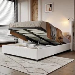 Lit capitonné 140x200cm avec une lampe de lecture , Lit Coffre avec Espace de Rangement, Sommier à Lattes, velours côtelé, Beige><noscript><img width=