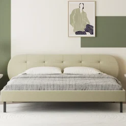Lit capitonné 160x200cm beige avec tête de lit et sommier - TULSA>Concept Usine Online