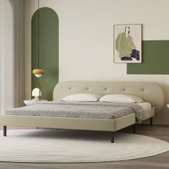 Lit capitonné 160x200cm beige avec tête de lit et sommier - TULSA><noscript><img width=
