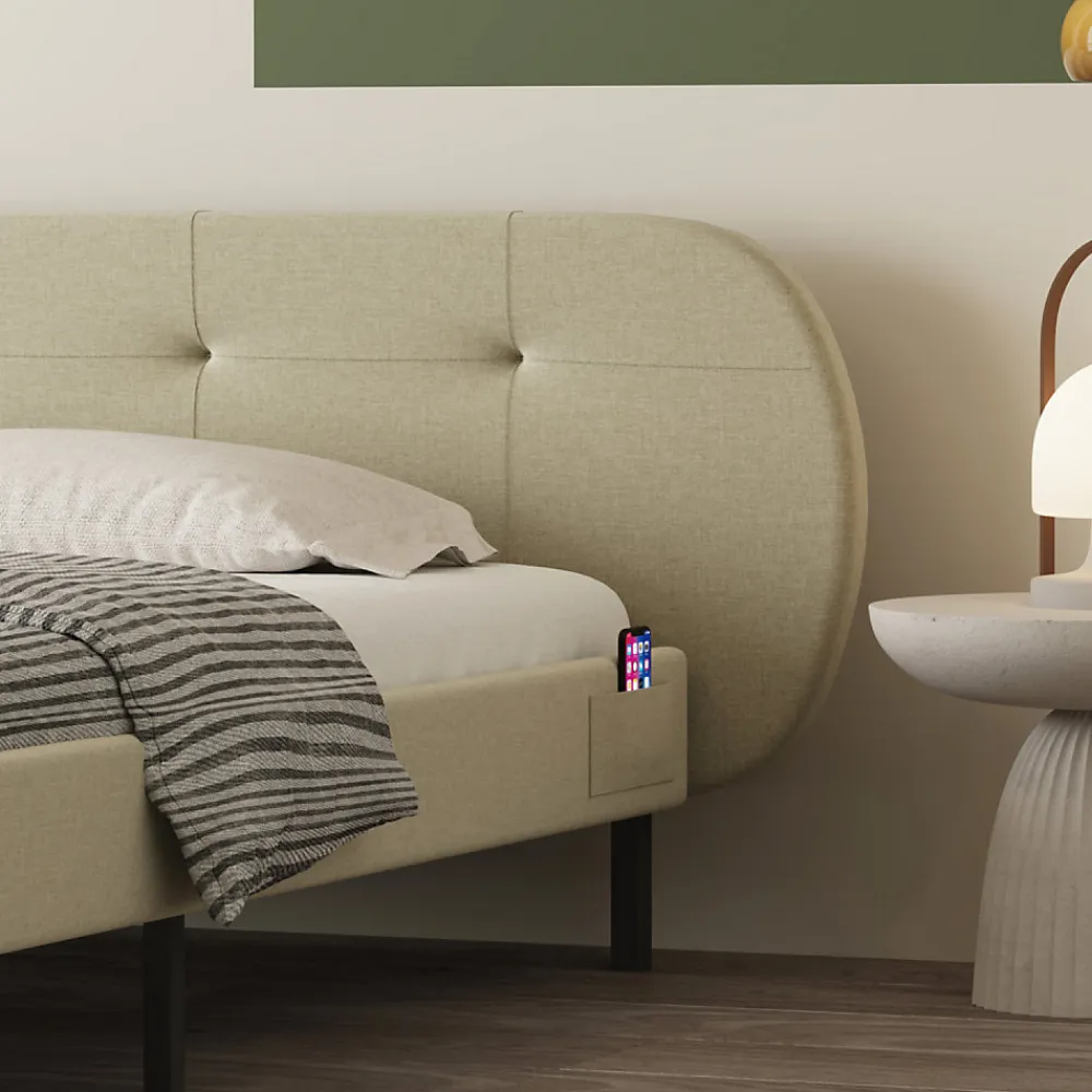 Lit capitonné 160x200cm beige avec tête de lit et sommier - TULSA>Concept Usine Online