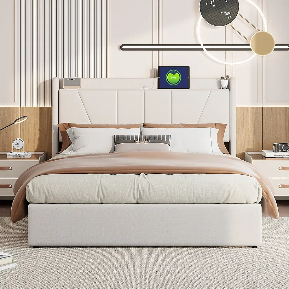 Fortuna lai Lit capitonné 160x200cm, lit coffre avec 2 USB+1 interface type-c, Rangement sous le lit,Beige* Lit Coffre