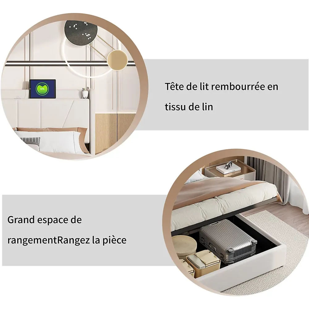 Fortuna lai Lit capitonné 160x200cm, lit coffre avec 2 USB+1 interface type-c, Rangement sous le lit,Beige* Lit Coffre