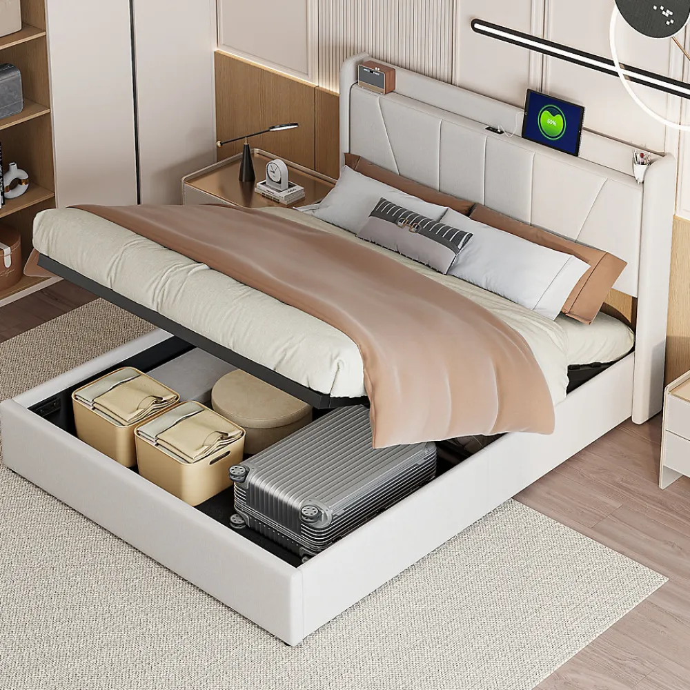 Fortuna lai Lit capitonné 160x200cm, lit coffre avec 2 USB+1 interface type-c, Rangement sous le lit,Beige* Lit Coffre