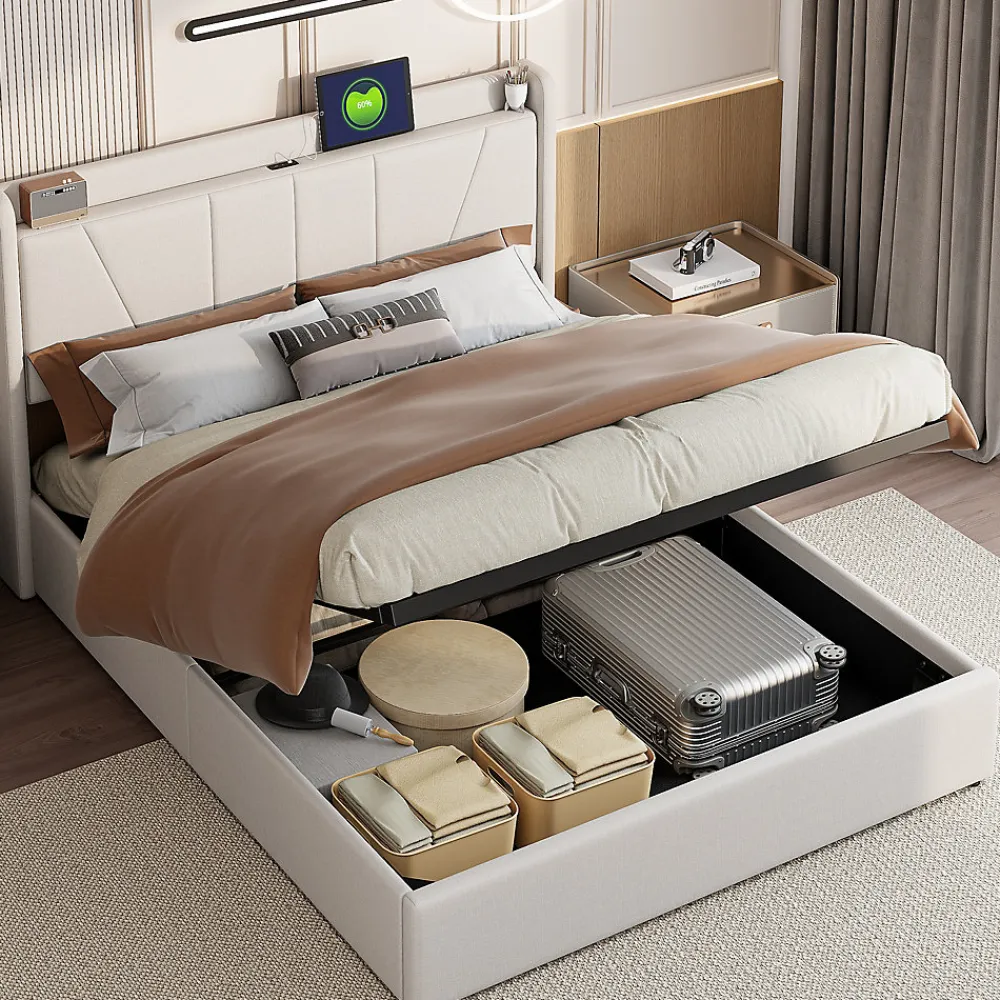 Fortuna lai Lit capitonné 160x200cm, lit coffre avec 2 USB+1 interface type-c, Rangement sous le lit,Beige* Lit Coffre