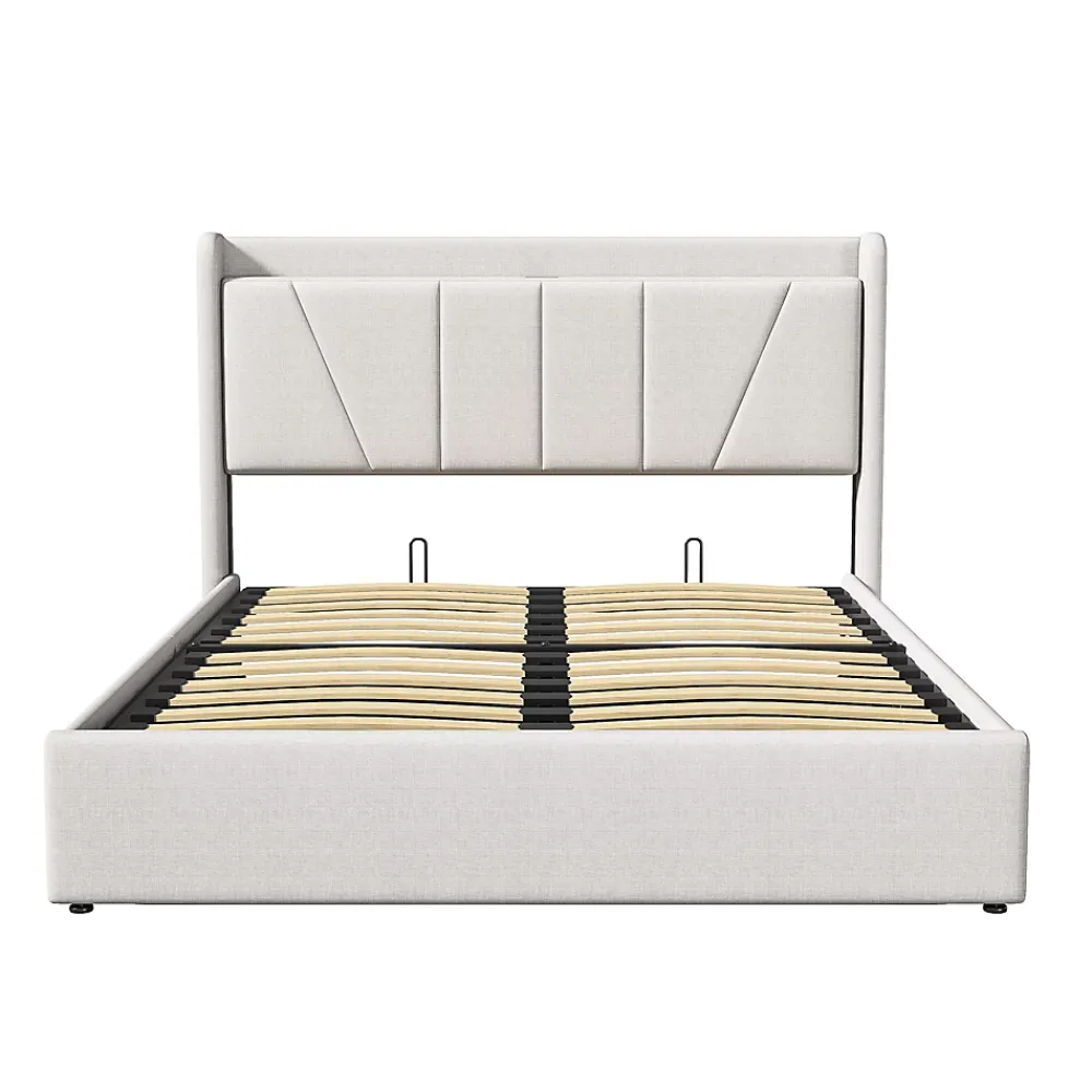 Fortuna lai Lit capitonné 160x200cm, lit coffre avec 2 USB+1 interface type-c, Rangement sous le lit,Beige* Lit Coffre