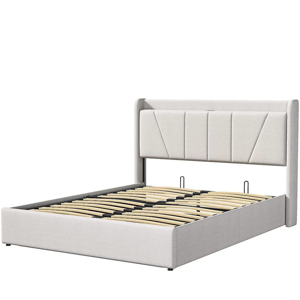 Fortuna lai Lit capitonné 160x200cm, lit coffre avec 2 USB+1 interface type-c, Rangement sous le lit,Beige* Lit Coffre