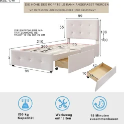 Lit capitonne 90 x 200 cm - avec 2 tiroirs, sommier à lattes et tête de lit relevable, tissu velours, style scandinave - Beige><noscript><img width=