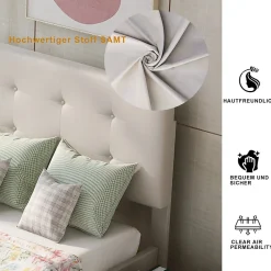 Lit capitonne 90 x 200 cm - avec 2 tiroirs, sommier à lattes et tête de lit relevable, tissu velours, style scandinave - Beige><noscript><img width=