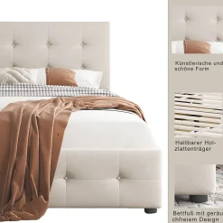 Lit capitonne 90 x 200 cm - avec 2 tiroirs, sommier à lattes et tête de lit relevable, tissu velours, style scandinave - Beige><noscript><img width=