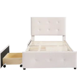 Lit capitonne 90 x 200 cm - avec 2 tiroirs, sommier à lattes et tête de lit relevable, tissu velours, style scandinave - Beige><noscript><img width=