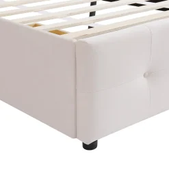 Lit capitonne 90 x 200 cm - avec 2 tiroirs, sommier à lattes et tête de lit relevable, tissu velours, style scandinave - Beige><noscript><img width=