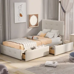 Lit capitonne 90 x 200 cm - avec 2 tiroirs, sommier à lattes et tête de lit relevable, tissu velours, style scandinave - Beige>ProximaX