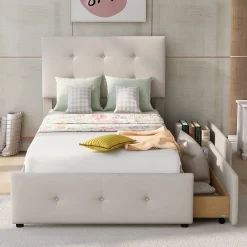 Lit capitonne 90 x 200 cm - avec 2 tiroirs, sommier à lattes et tête de lit relevable, tissu velours, style scandinave - Beige><noscript><img width=