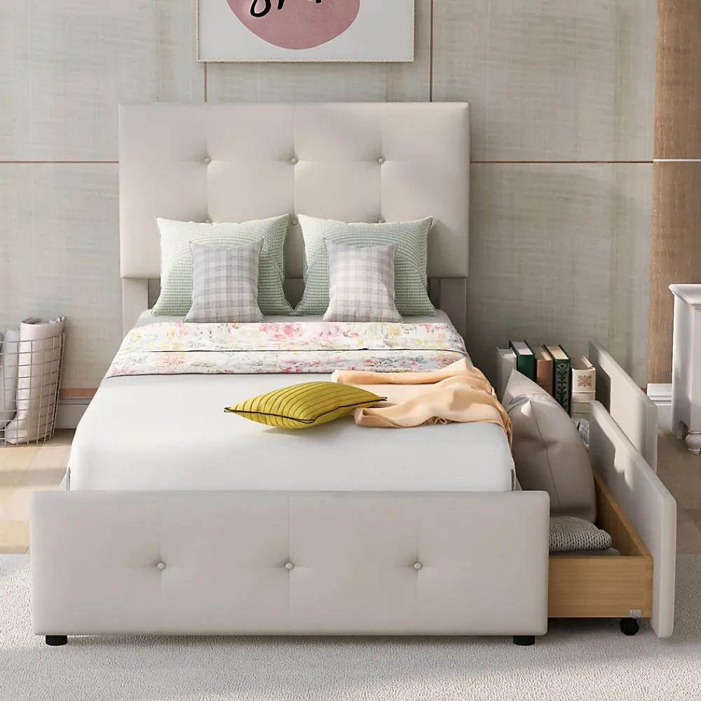 Lit capitonne 90 x 200 cm - avec 2 tiroirs, sommier à lattes et tête de lit relevable, tissu velours, style scandinave - Beige>ProximaX