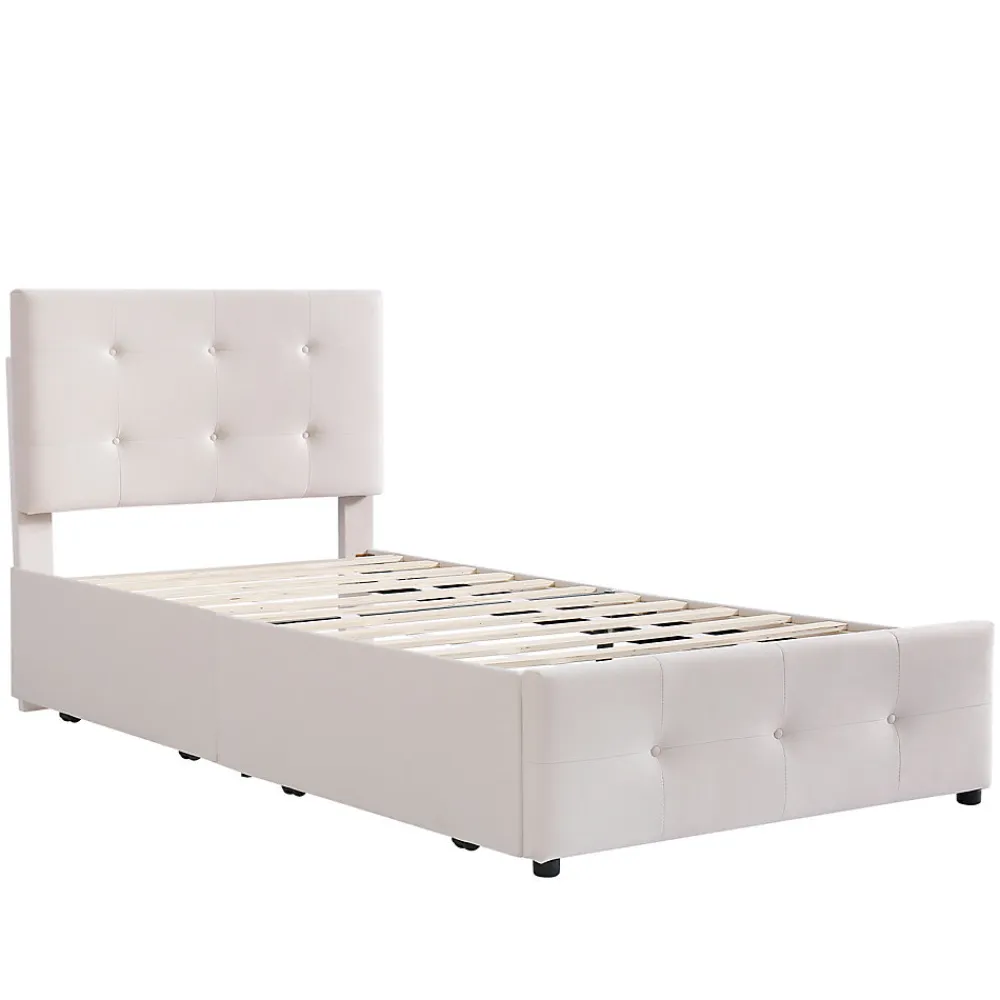 Lit capitonne 90 x 200 cm - avec 2 tiroirs, sommier à lattes et tête de lit relevable, tissu velours, style scandinave - Beige>ProximaX