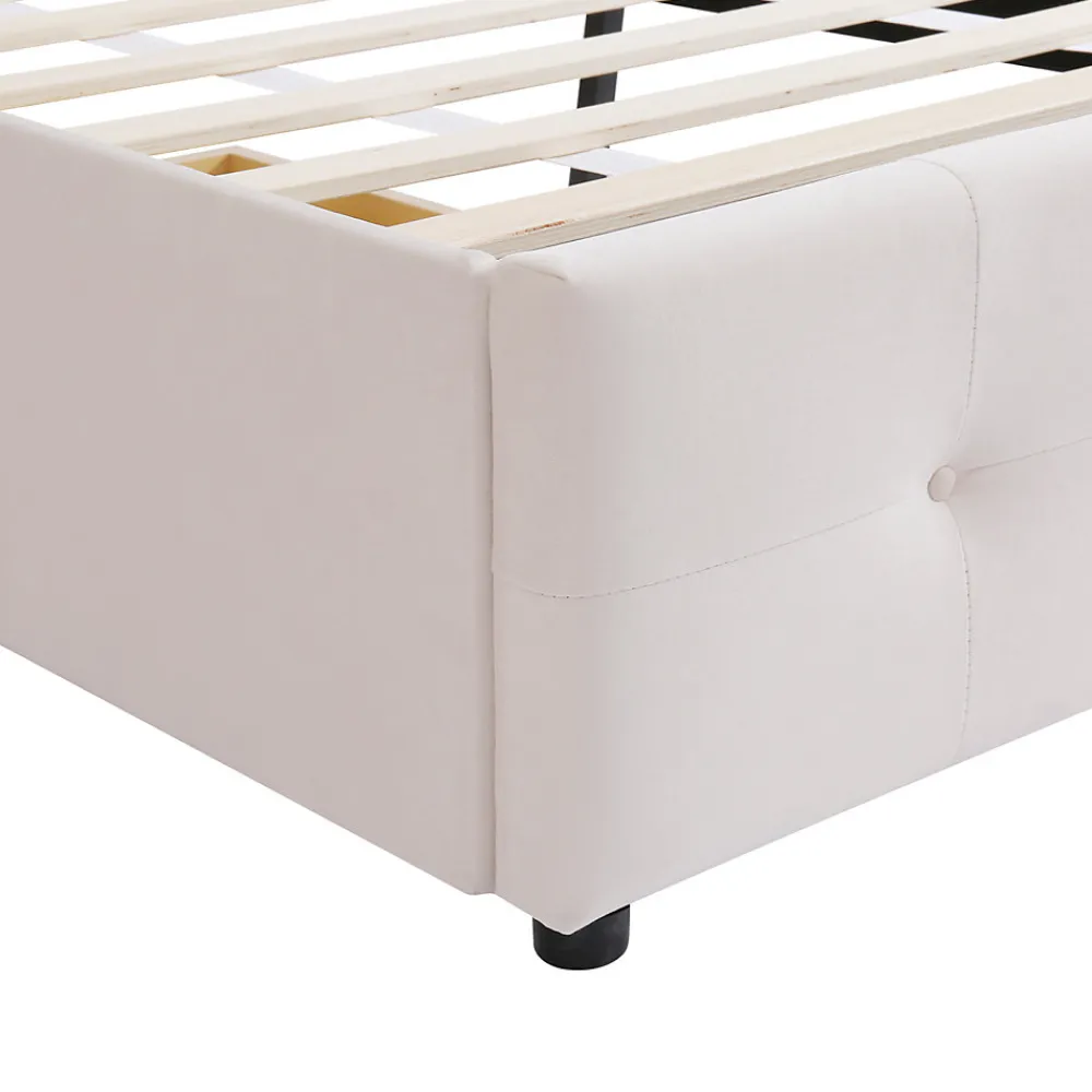 Lit capitonne 90 x 200 cm - avec 2 tiroirs, sommier à lattes et tête de lit relevable, tissu velours, style scandinave - Beige>ProximaX