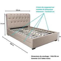 Lit CHELSEA 140x190 + 4 tiroirs + sommier / Beige><noscript><img width=