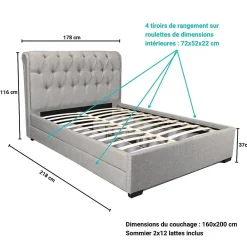 Weber Industries Lit CHELSEA 160x200 + 4 tiroirs + sommier / Gris clair* Lit Avec Rangement