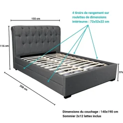 Weber Industries Lit CHELSEA 140x190+ 4 tiroirs + sommier / Gris foncé* Lit Avec Rangement