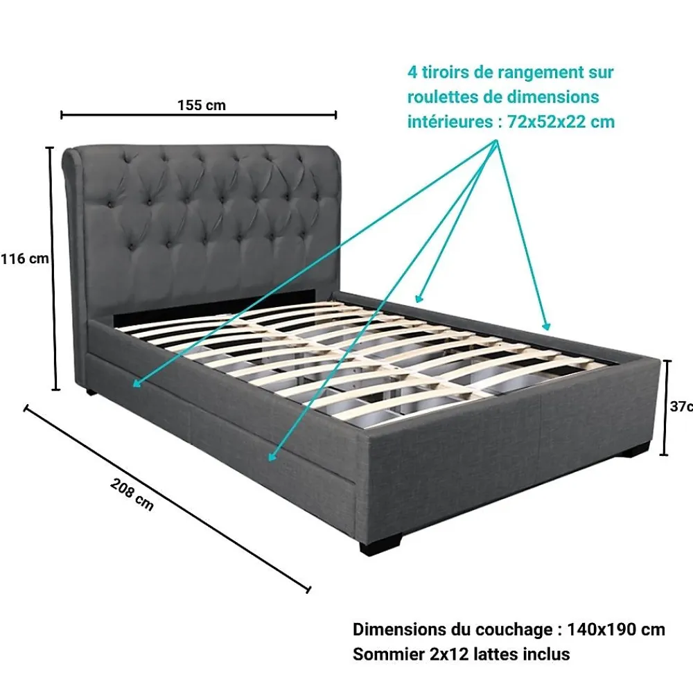 Weber Industries Lit CHELSEA 140x190+ 4 tiroirs + sommier / Gris foncé* Lit Avec Rangement