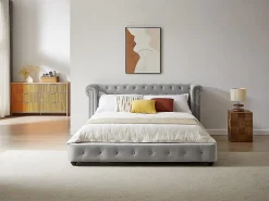 Lit chesterfield 160 x 200 cm - Velours - Gris clair - TONGERLA>Vente-unique New