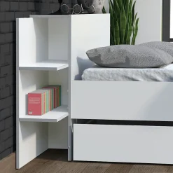Lit CITY 140x190 + tête de lit chevet + 1 tiroir / Blanc><noscript><img width=