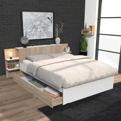 Lit CITY 140x190 + tête de lit chevet + 1 tiroir / Décor Blanc & chêne blanchi>Weber Industries New
