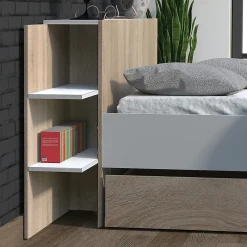 Lit CITY 140x190 + tête de lit chevet + 1 tiroir / Décor Blanc & chêne blanchi><noscript><img width=