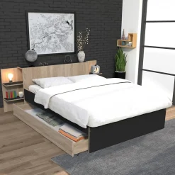 Weber Industries Lit CITY 140x190 + tête de lit chevet+ 1 tiroir / Décor Noir & chêne blanchi* Lit Double