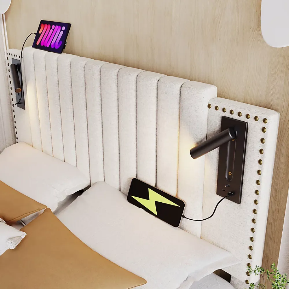 Okwish Lit Coffre - Lit Double 140x200 cm avec Rangement Hydraulique et Lampe de Lecture - Cadre en Coton - Beige - sans Matelas* Lit Coffre