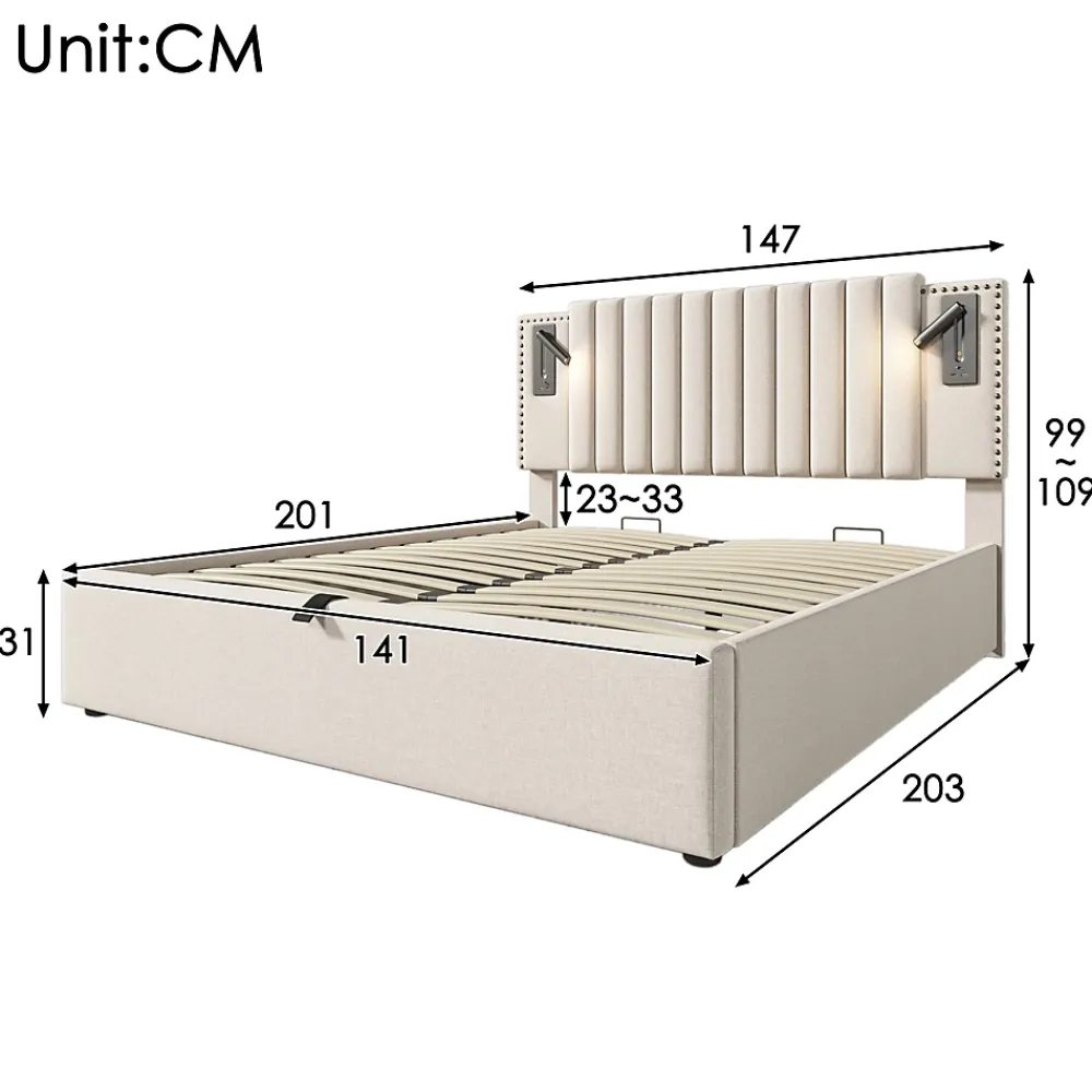 Okwish Lit Coffre - Lit Double 140x200 cm avec Rangement Hydraulique et Lampe de Lecture - Cadre en Coton - Beige - sans Matelas* Lit Coffre