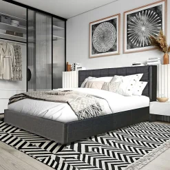 Lit coffre 2 places 160x200cm tissu Gris foncé avec sommier WALLE>Bb Loisir Hot
