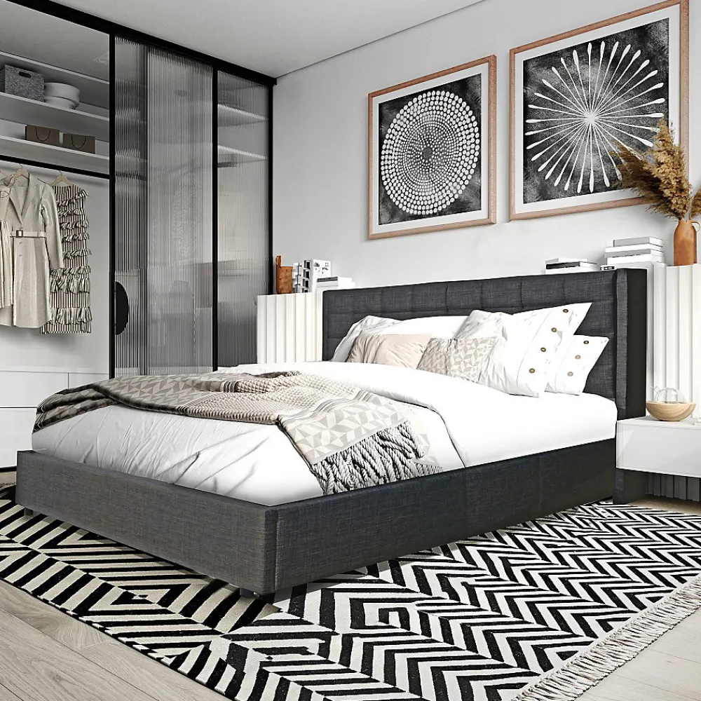 Lit coffre 2 places 160x200cm tissu Gris foncé avec sommier WALLE>Bb Loisir Hot
