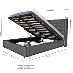Lit coffre 2 places 160x200cm tissu Gris foncé avec sommier WALLE><noscript><img width=