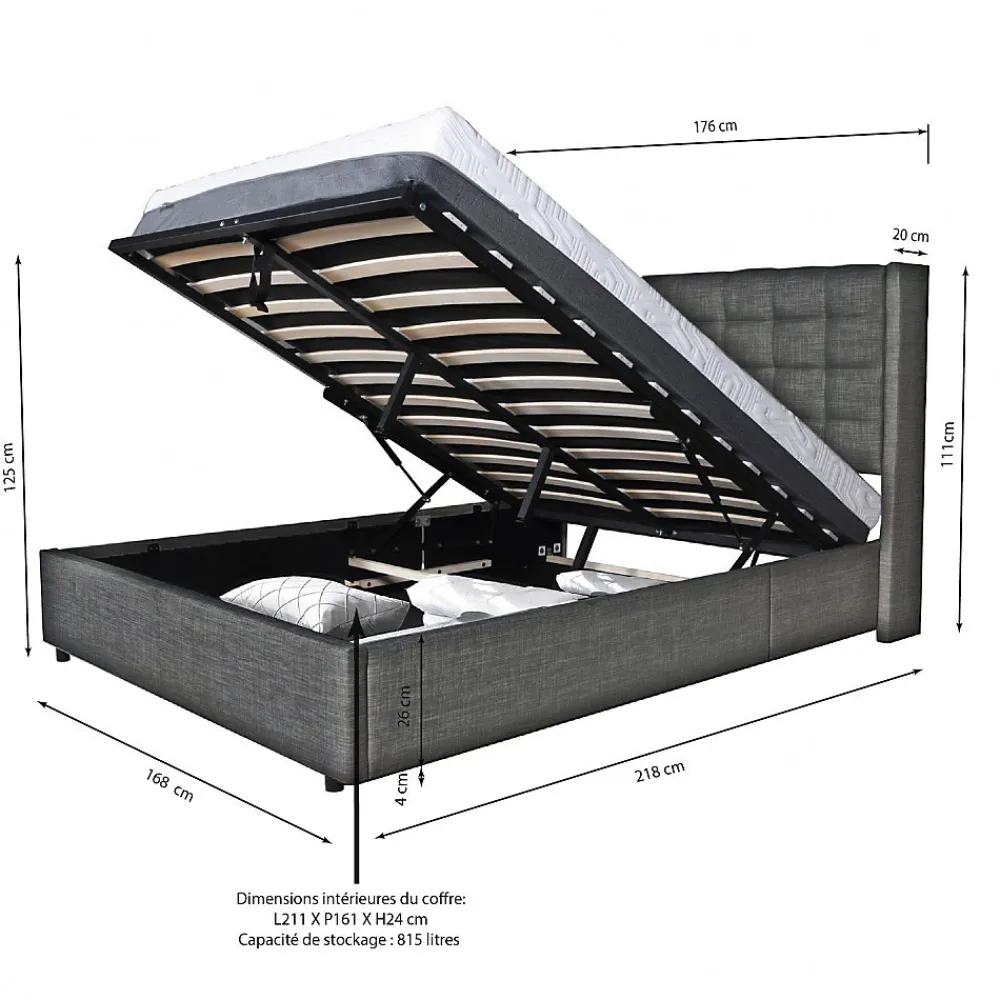 Lit coffre 2 places 160x200cm tissu Gris foncé avec sommier WALLE>Bb Loisir Hot