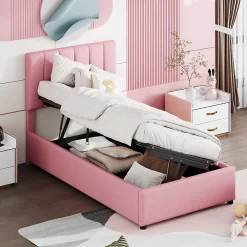 Redom Lit coffre 90 sur 200 cm avec sommier hydraulique tête de lit en lin doux rose pour adultes ou adolescents* Lit Avec Rangement