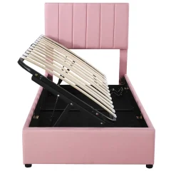 Redom Lit coffre 90 sur 200 cm avec sommier hydraulique tête de lit en lin doux rose pour adultes ou adolescents* Lit Avec Rangement