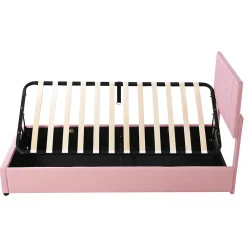 Redom Lit coffre 90 sur 200 cm avec sommier hydraulique tête de lit en lin doux rose pour adultes ou adolescents* Lit Avec Rangement