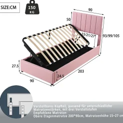 Redom Lit coffre 90 sur 200 cm avec sommier hydraulique tête de lit en lin doux rose pour adultes ou adolescents* Lit Avec Rangement